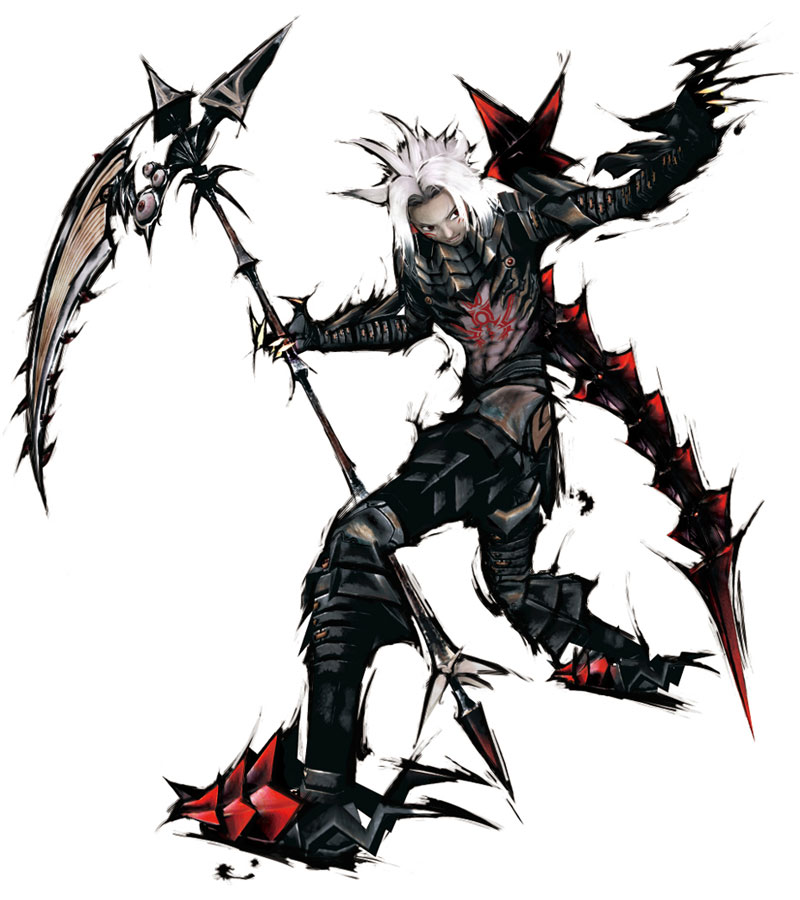 Haseo, in skin-tight scaled black armor, holding a scythe